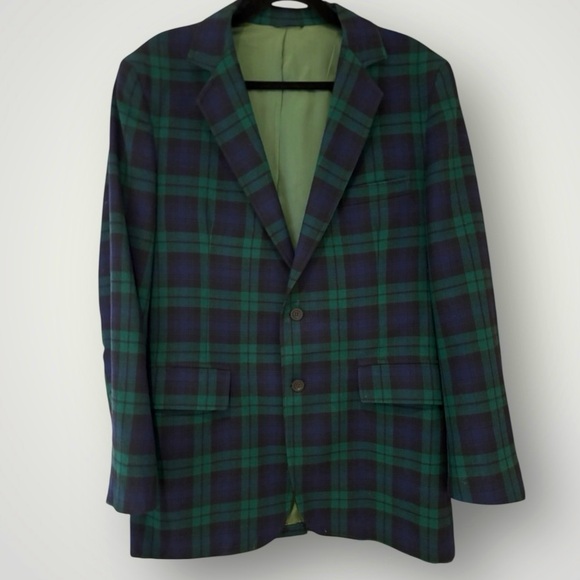 Vintage Johnny Appleseed Men’s Green Navy Tartan Plaid Wool Blazer Size 42L - Picture 1 of 10